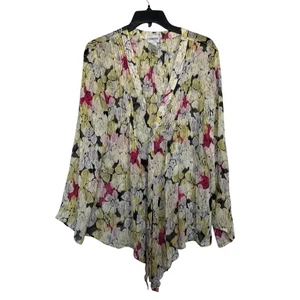 Chico’s Women’s Sz 2(L) Cascading Yellow White pink Silk Sheer Cardigan/Blouse - Picture 1 of 7