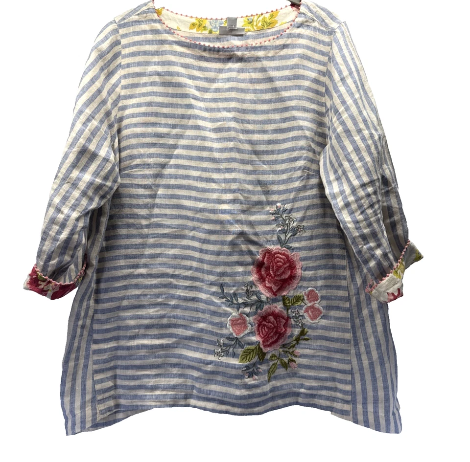 J Jill Love 亚麻刺绣上衣中号花卉条纹 3/4 袖海岸 — 第 1/4 张图片