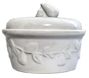 WHITE CERAMIC CROCK Serving Dish w/ Lid Pear Design 5.25" Diameter x 2.5"H - Picture 1 of 6