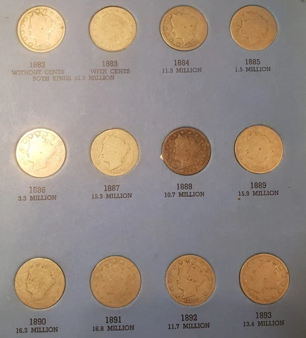 Complete 32 Coin Liberty "V" Nickel Set. Key 1885,86 (No 12s) Average Grade Cover