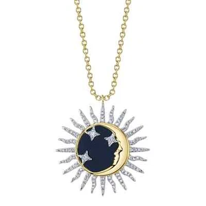 14K Oro Giallo Diamante Onice Nera Crescent Luna Sun Star Collana Naturale 2.20 - Foto 1 di 4