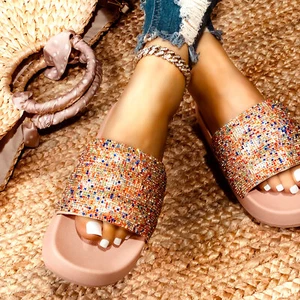 New Women's Bling Diamante Rhinestone Platform Slide Sandals Flip Flops Open Toe - Picture 1 of 18