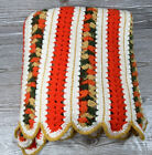 Vintage Hand Knit 60s 70s Funky Fall Orange Green Afghan Blanket Throw 60”x80”