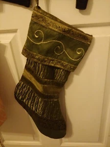 CHRISTMAS Holiday Stocking Green Textured Satin Med. Size Great Condition - Picture 1 of 5