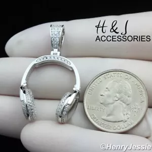 MEN WOMEN 925 STERLING SILVER ICY BLING CZ 3D HEADPHONE CHARM PENDANT*ASP401 - Picture 1 of 5