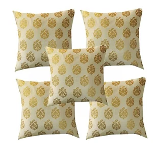 Jacquard dopian Light Beige with Gold Cushion Cover 16x16 inch Set 5 pcs - Picture 1 of 4