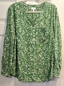 J.Jill Medium grün weiß Blumenmuster Langarm Tasche V-Ausschnitt Damen Henley Top - Bild 1 von 4