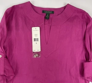 LRL Ralph Lauren 100% Linen Long OR 3/4 Sleeve Shirt Women's XS Pink V Neck  - Picture 1 of 7