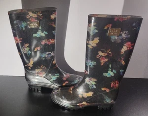 Nicole Miller New York Rubber Rain Boots Women's Size 6 Black Floral Print - Picture 1 of 12
