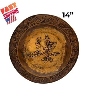 Hand Carved Wooden Decorative Plate 14” Acorn & 0ak Leaf Design- Rustic Vintage - Picture 1 of 14