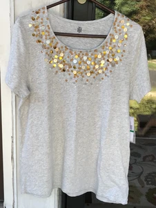 Camiseta Top Tommy Hilfiger Talla L Gris Claro Brezo Lentejuelas Adornada Nueva con Etiquetas 04 - Imagen 1 de 7