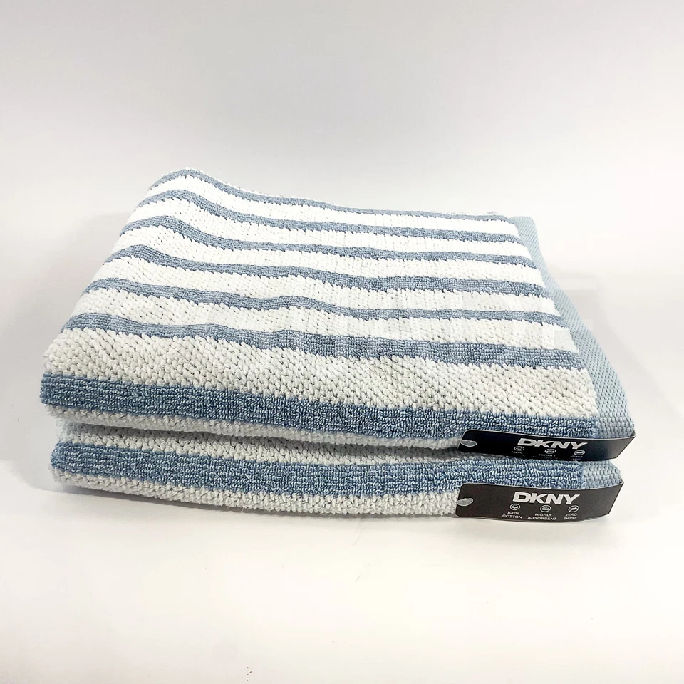 DKNY Pure 100% Cotton 2Pcs Bath Towels Blue & White New - Image 1 of 4