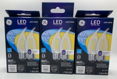 3PK GE Led Cam Soft White ~ 60-Watt 500 Lumens ~ 6 Bulbs Total ~ Clear Finish! - Image 1 of 2