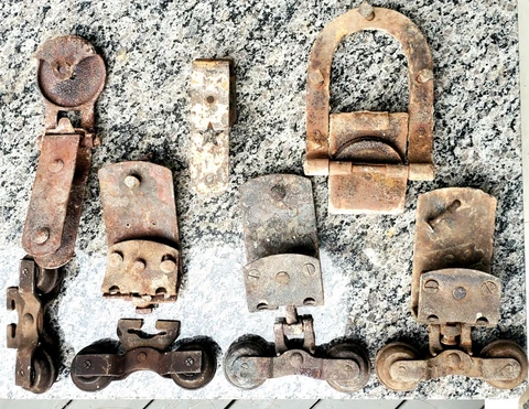 LOT OF ANTIQUE CANNONBALL BARN DOOR ROLLERS HANGERS BRACKETS Cover