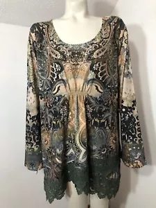 One World New Plus Size 1X Long Bell Sleeve Pullover Tunic Top Green Lace Floral - Picture 1 of 9