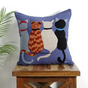 16" Suzani Cotton Cushion Cover Four Cat Embroidery Indian Decor Tribal Pillow - Picture 1 of 3