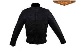 Black Women Slim Fit Motorcycle Biker Cowhide Leather Vented Zippered Jacket - Picture 1 of 6