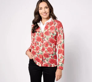 Isaac Mizrahi Live! Cashmere Floral Printed Button Front Cardigan Sweater Hibisc - Picture 1 of 1
