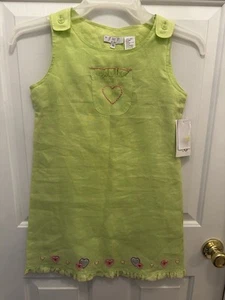 Girls Linen Dress Jumper Green with Applique Hearts Hem Size 10 JMP Kids New Tag - Picture 1 of 10