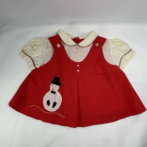Vintage Red Christmas Baby Dress Collar Pearl Buttons Rick Rack Snowman Appliqué - Picture 1 of 6