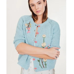 LOVESHACKFANCY Anastasia Floral Embroidered Blue Cardigan w/ Rose Buttons Size L - Picture 1 of 10