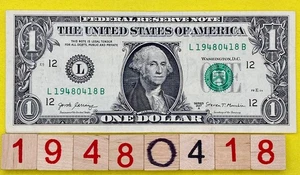 1948 April 18 Birthday Date Note 19480418 Fancy Serial Number $1 Dollar Bill - Picture 1 of 7