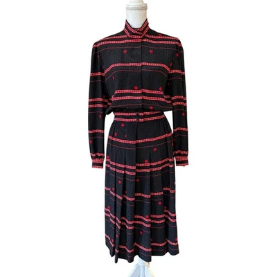 Vintage Albert Nipon Black Red Geometric Polka Dot Executive Dress Size 10 - Image 1 of 4
