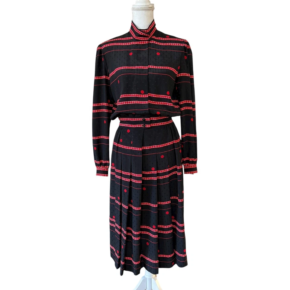 Vintage Albert Nipon Black Red Geometric Polka Dot Executive Dress Size 10 - Image 1 of 4