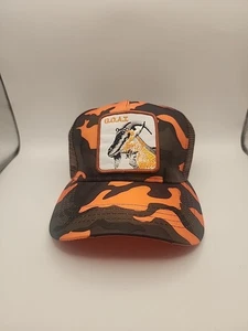 Trucker Hat Cap Orange Camouflage G.O.A.T patch Embroidery Logo Look - Picture 1 of 7