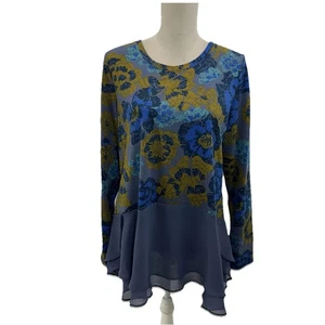Neu ohne Etikett Logo Lori Goldstein Tunika Top Damen Large blau Blumen Chiffon Kombi - Bild 1 von 9