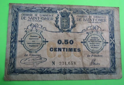 FRANCE / CHAMBRE de COMMERCE DE SAINT-OMER, 0.50 CENTIMES , 1915 - Image 1 of 2