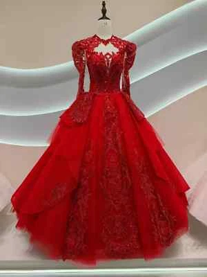 Vestido de novia rojo con cuentas de encaje princesa vintage cuello alto mangas largas vestidos de novia Foto 1 de 4