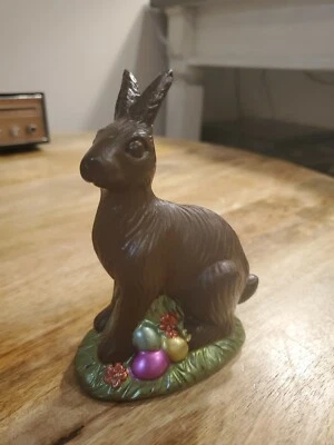 Primitive Antique Vtg  Style Chocolate Easter Bunny Rabbit eggs ceramic  6" high - Image 1 of 2