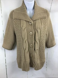 Chico’s Women’s Tan 3/4 Sleeve Button Chunky Cable Knit Cardigan Sweater 1 US M - Picture 1 of 11