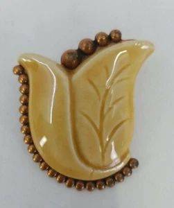 Vintage 50s MCM Ethnic Tribal Floral Pin Ceramic on Metal  - Picture 1 of 5