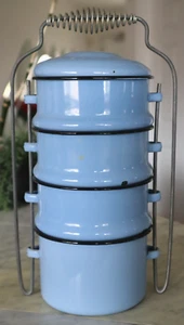 Vintage Tiffin Blue Enamelware Lunch Camping Stacking Bowl Set - Picture 1 of 12
