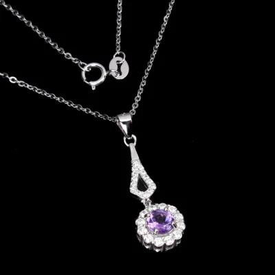 925 Sterling Collana Argento Rotondo Ametista 5mm Cz Gemma Gioielli 45.7cm - Immagine 1 di 4