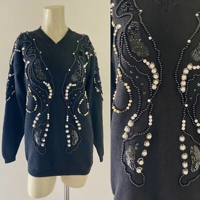 Joyce Vintage 1980s 80s  Black Beaded Rhinestone Sweater Women's Small 1990s 90s - Image 1 of 4