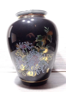 Chinese black cloisonné vintage Art Deco oriental antique blue flower vase jar - Bild 1 von 12