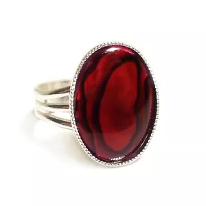 Red Abalone Shell Paua Ring Gemstone Adjustable 18 x 13 mm Silver Plated Oval - Picture 1 of 3