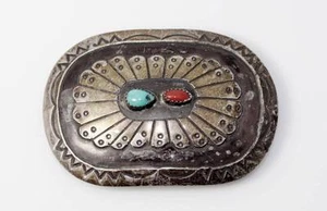 Native American Handmade Sterling Silver Turquoise & Coral Belt Buckle 3" - 4820 - Picture 1 of 9