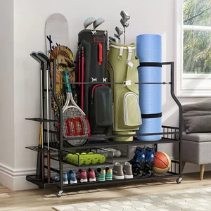 Organizador de bolsas de golf para garaje bolsa de golf soporte apto para 3 bolsas de golf con ruedas - Imagen 1 de 7
