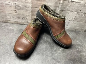 Clarks Artisan Mules Women 6.5M Shoes Clogs Brown Green Leather Lined Slip On - Picture 1 of 16