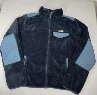 LL Bean High Pile Fleece Jacket Mens Medium Blue Full Zip Elbow Patch 3 Pockets - Image 1 of 4