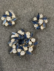 Funkelnde blaue Strass silberfarben Metall Vintage Clip auf Ohrringe & Brosche Set - Bild 1 von 7
