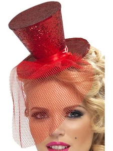 Smiffys Fever Mini Top Hat on Headband, Red with Detachable Netting, Fever Acces - Picture 1 of 3