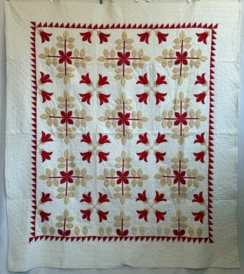 Impresionante edredón antiguo hecho a mano de finales de 1800 con flores de tulipán rojo 63"x73" WOW Foto 1 de 4