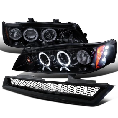 Fit 1994-1997 Accord Smoke Black LED Halo Projector Headlights+Mesh Hood Grille - Image 1 of 4