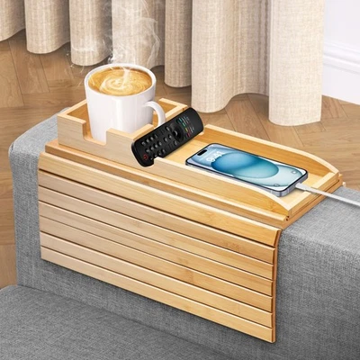 FUNKYLEE Bamboo Couch Armrest Table, Couch Arm Tray with Removable Couch Cup ... - Image 1 of 4