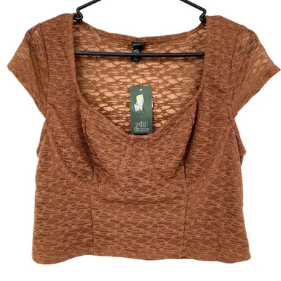 NEW WILD FABLE Sheer Floral Mesh Crop Top Size Large Brown Cap Sleeve V Neck - Image 1 of 4